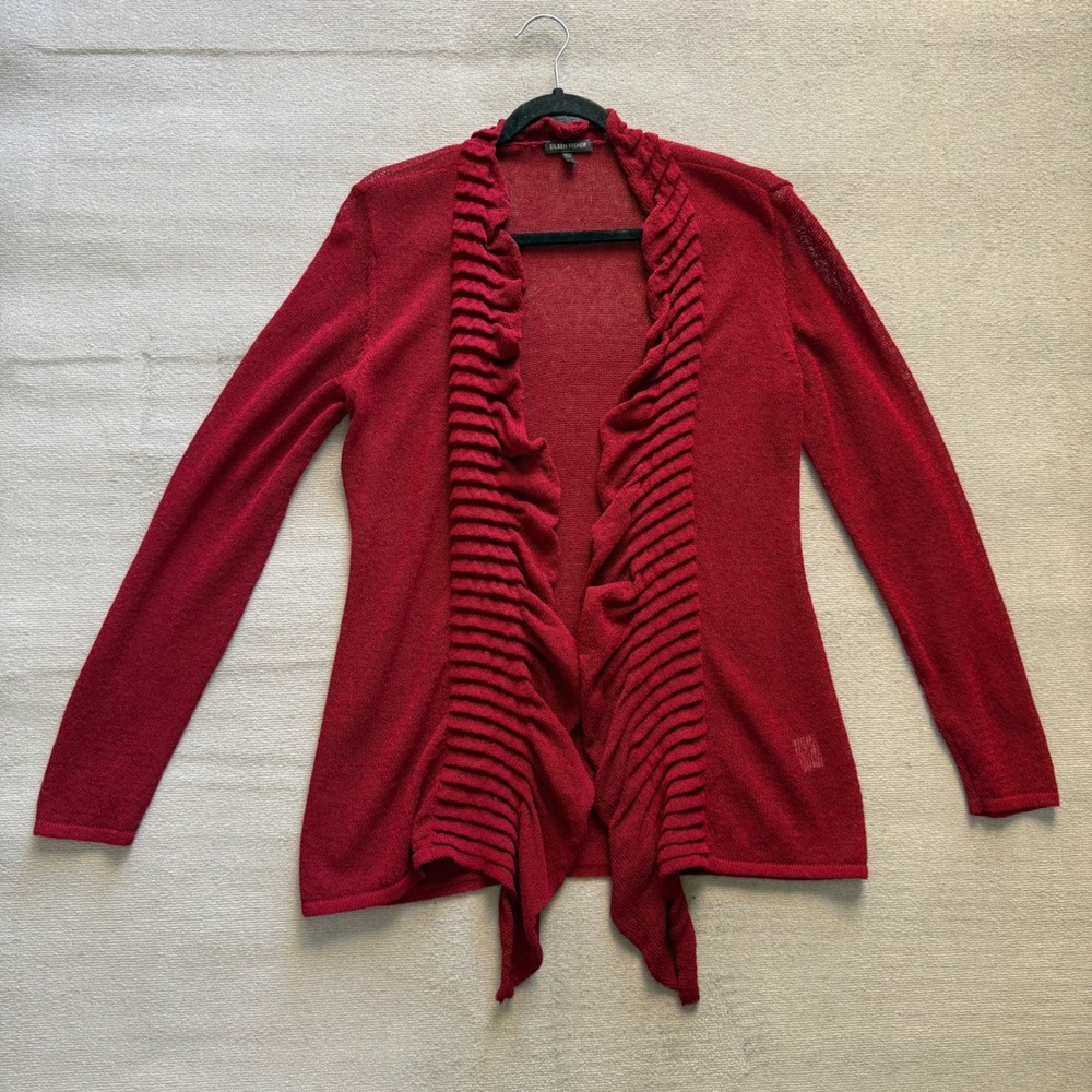 Eileen Fisher Womens Ruffle Trim Open Front Linen Blend Cardigan Size M Coastal